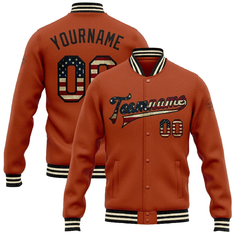 Classic And Timeless Unisex Style Affordable Luxury Fashion Custom Texas Orange Vintage USA Flag Black-Cream Bomber Full-Snap Varsity Letterman Jacket