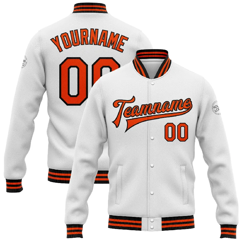 Oversized Unisex Fashion Pieces Hot Brand Discounts Custom White Orange-Black Bomber Full-Snap Varsity Letterman Jacket