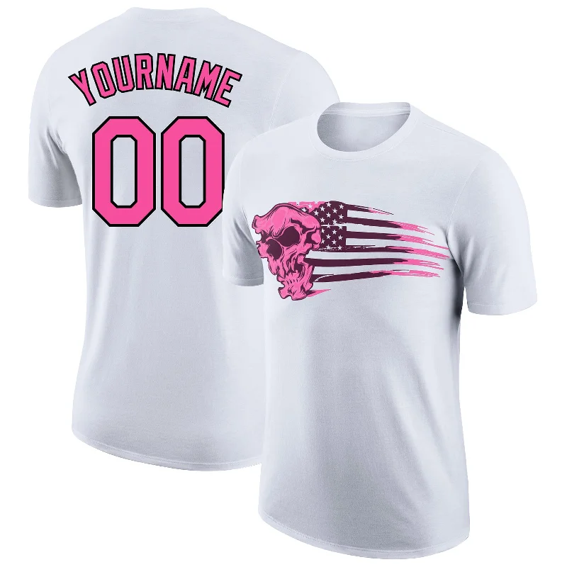 Soft And Breathable Unisex Loungewear Dive Into Trendy Styles Custom White Pink-Black 3D Skull With American Flag Performance T-Shirt