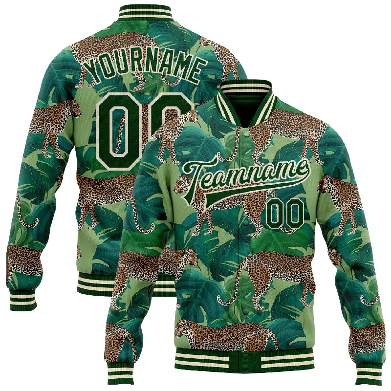 Everyday Wear For Men And Women Trendy Street Style Custom Green Green-Cream Tropical Tiger With Palms 3D Pattern Design Bomber Full-Snap Varsity Letterman Jacket