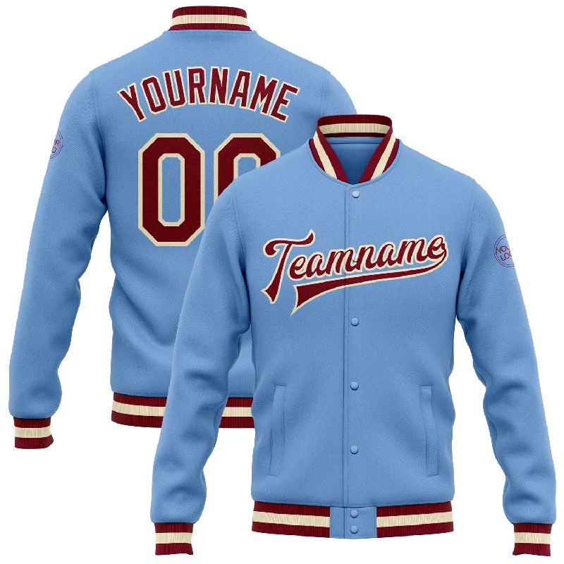 Soft And Breathable Unisex Loungewear Seasonal Picks Custom Light Blue Maroon-Cream Bomber Full-Snap Varsity Letterman Jacket