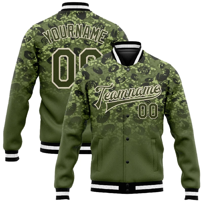 Trendy Unisex Streetwear Fashion Limited Time Custom Olive Olive Cream-Black 3D Bomber Full-Snap Varsity Letterman Salute To Service Jacket