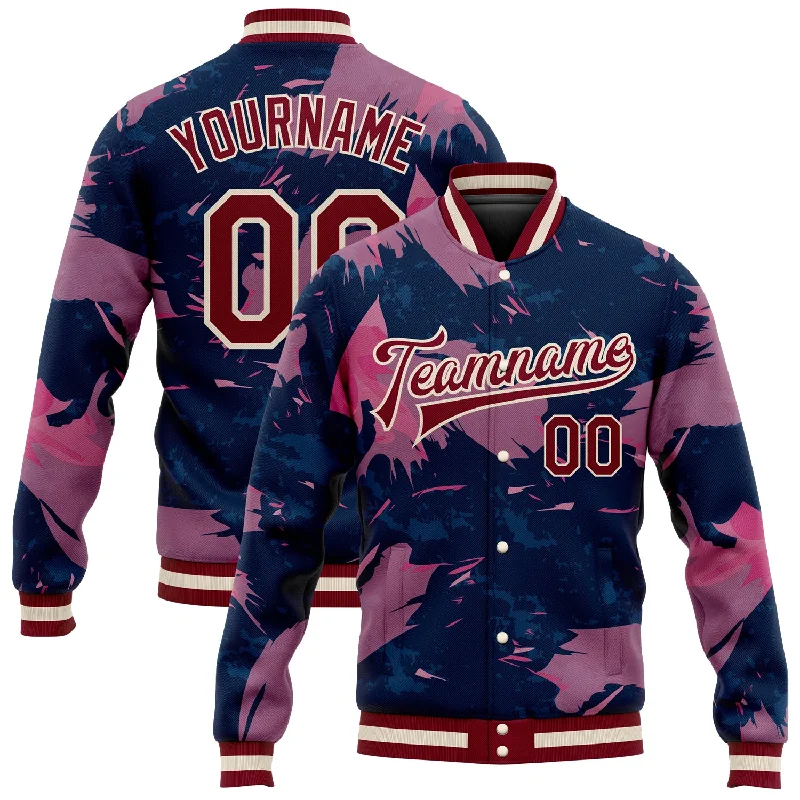 Sustainable And Ethical Unisex Clothing Flash Sale Custom Pink Maroon Cream-Navy 3D Pattern Design Bomber Full-Snap Varsity Letterman Jacket