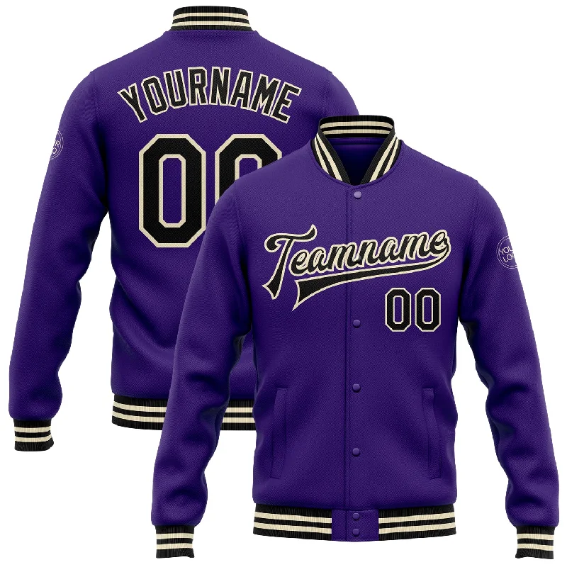 Modern Unisex Streetwear Outfits Day-To-Night Styles Custom Purple Black-Cream Bomber Full-Snap Varsity Letterman Jacket