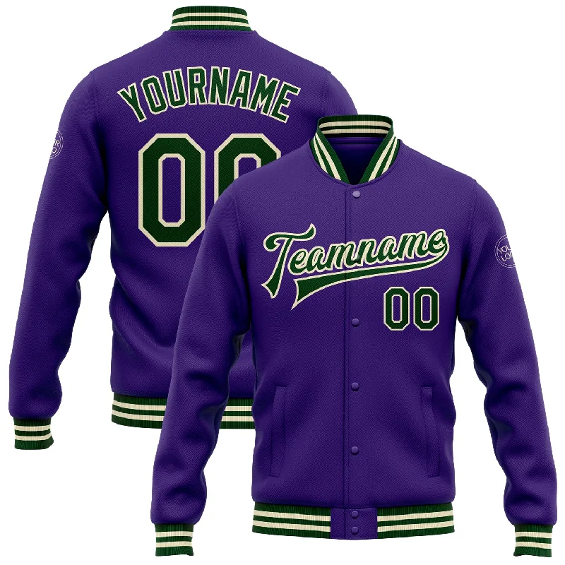 Elegant And Minimal Gender-Free Clothing Fashionista Favorites Custom Purple Green-Cream Bomber Full-Snap Varsity Letterman Jacket