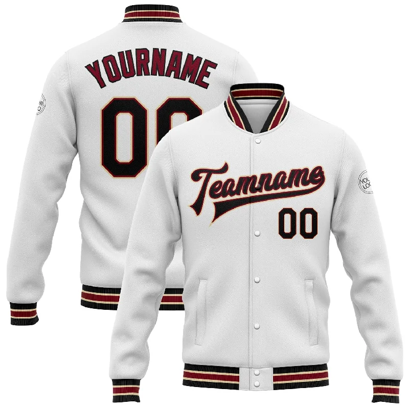 Sleek And Comfortable Unisex Wear Fashion Forward Custom White Black Crimson-City Cream Bomber Full-Snap Varsity Letterman Jacket