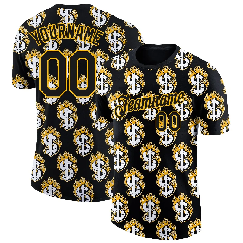 Chic And Contemporary Unisex Clothing Choices Classic Elegance Sales Custom Black Gold 3D Pattern Design Burnfiring Dollar Sign Money Theme Performance T-Shirt