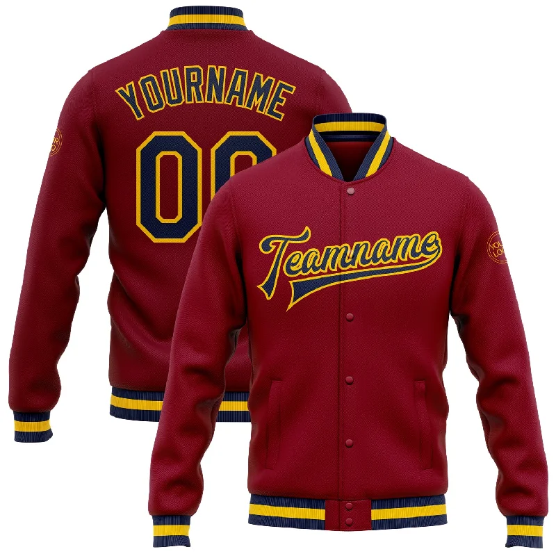 Sleek And Comfortable Unisex Wear Huge Price Cut Custom Crimson Navy-Gold Bomber Full-Snap Varsity Letterman Jacket