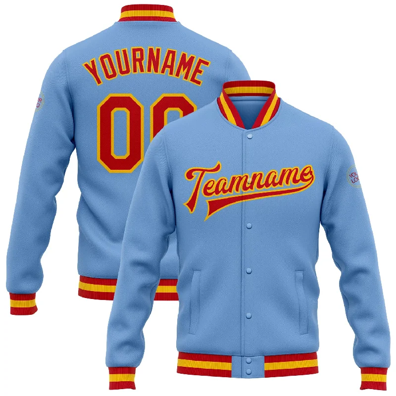 High-Quality Unisex Fashion Basics New Arrivals Custom Light Blue Red-Gold Bomber Full-Snap Varsity Letterman Jacket