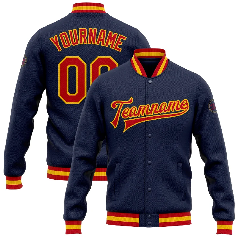 Contemporary Gender-Free Clothing Styles Hot Deals Custom Navy Red-Gold Bomber Full-Snap Varsity Letterman Jacket