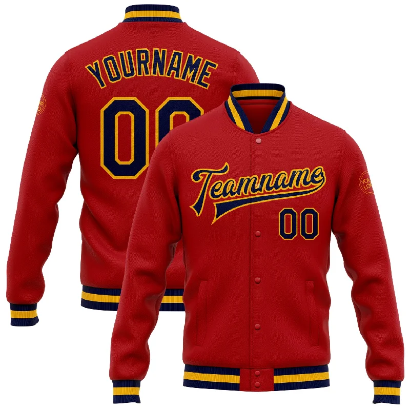 Functional And Stylish Unisex Wear Fast Fashion Favorites Custom Red Navy-Gold Bomber Full-Snap Varsity Letterman Jacket