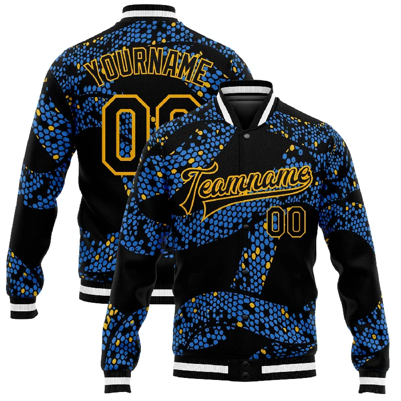 Contemporary Gender-Free Clothing Styles Vintage-Modern Style Offers Custom Royal Black-Gold 3D Pattern Design Bomber Full-Snap Varsity Letterman Jacket