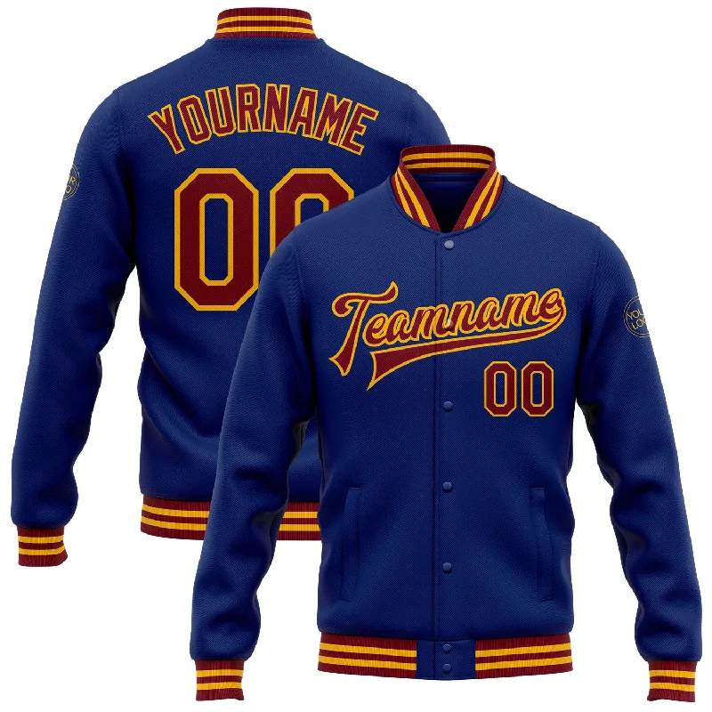 Modern Unisex Clothing For Any Occasion Timeless Elegance Sale Custom Royal Crimson-Gold Bomber Full-Snap Varsity Letterman Jacket