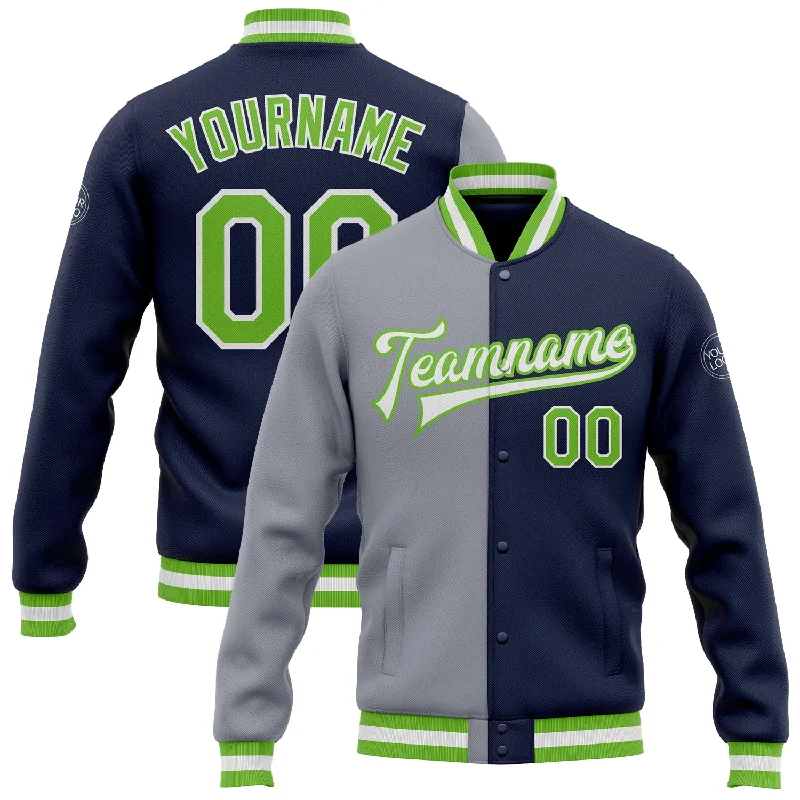 Fashion-Forward Unisex Apparel Affordable Luxury Fashion Custom Navy Neon Green-Gray Bomber Full-Snap Varsity Letterman Split Fashion Jacket