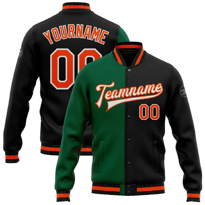 Modern Unisex Streetwear Outfits Everyday Elegance Sale Custom Black Orange-Kelly Green Bomber Full-Snap Varsity Letterman Split Fashion Jacket