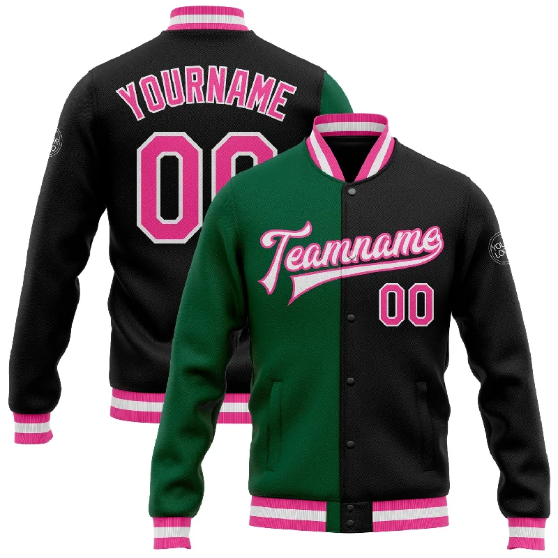 Versatile And Stylish Unisex Apparel Fashion-Forward Offers Custom Black Pink-Kelly Green Bomber Full-Snap Varsity Letterman Split Fashion Jacket