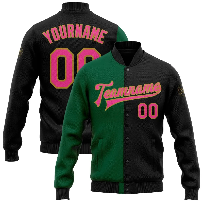 High-Quality Unisex Fashion Basics Fashion Sale Custom Black Pink Kelly Green-Old Gold Bomber Full-Snap Varsity Letterman Split Fashion Jacket