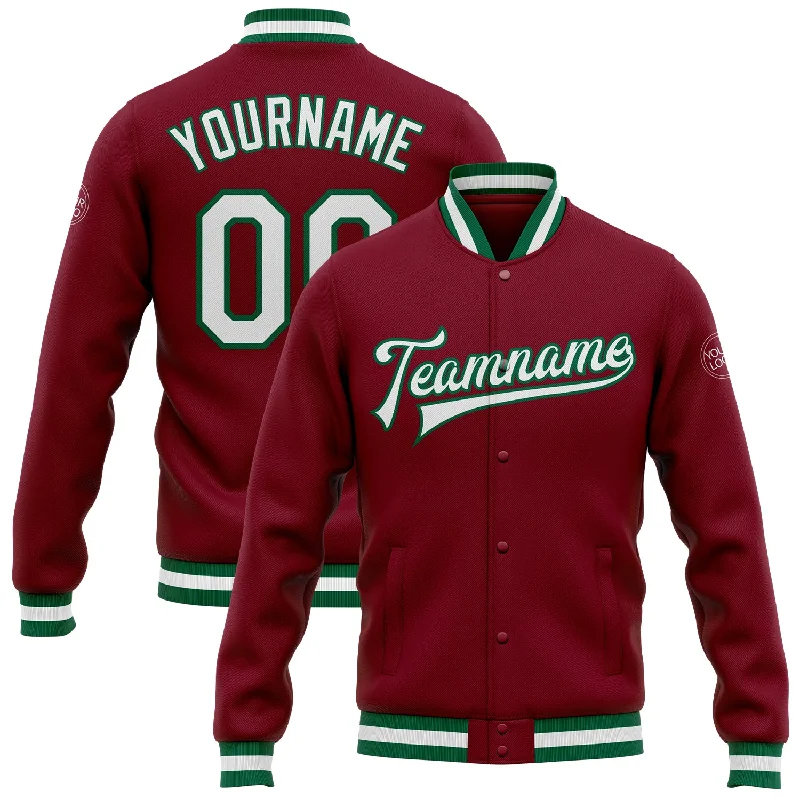 Unisex Casual Wear For All Seasons New Styles Just In Custom Crimson White-Kelly Green Bomber Full-Snap Varsity Letterman Jacket