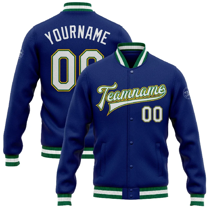 Stylish Unisex Outfit Ideas Hot Picks Custom Royal White Kelly Green-Gold Bomber Full-Snap Varsity Letterman Jacket