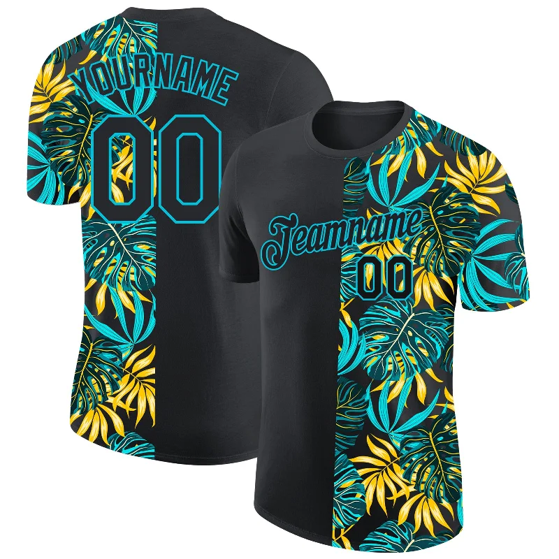 Minimalist Unisex Fashion Essentials Limited Styles Custom Black Lakes Blue 3D Pattern Design Hawaii Tropical Palm Leaves Performance T-Shirt