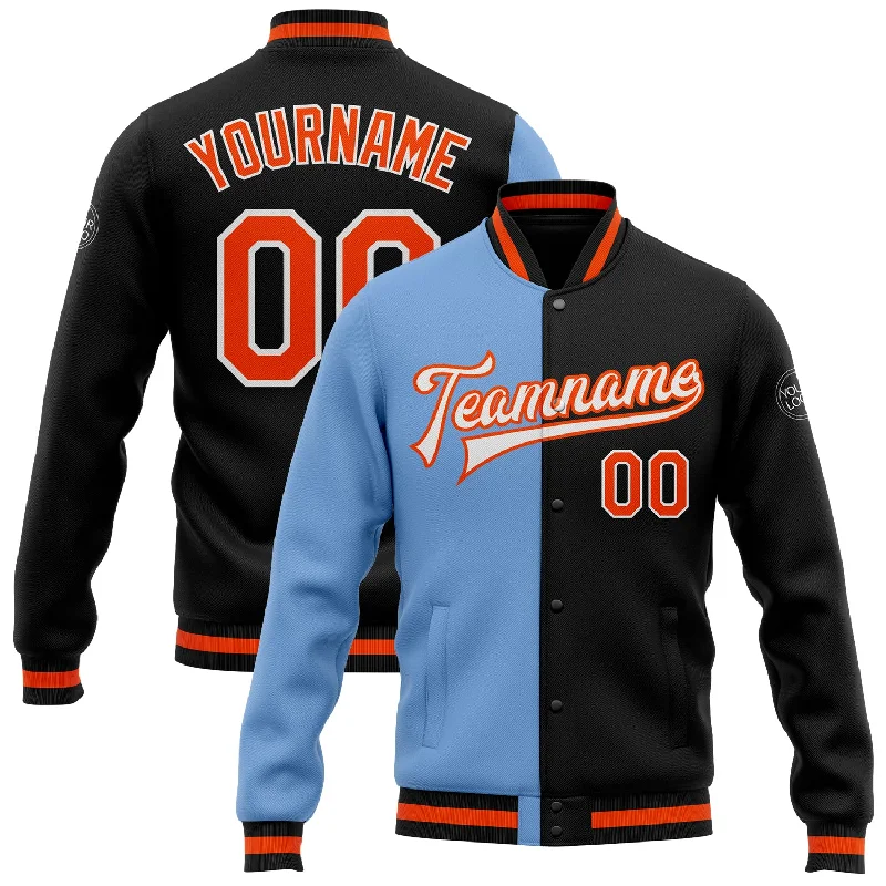 Comfortable Gender-Free Fashion Choices High-End Style Discounts Custom Black Orange-Light Blue Bomber Full-Snap Varsity Letterman Split Fashion Jacket