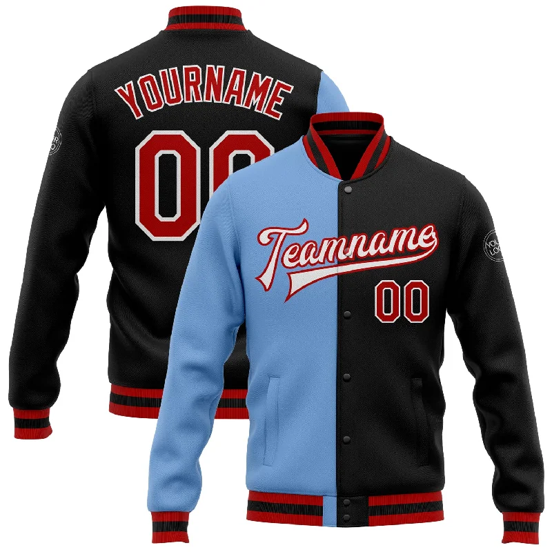 High-Quality Unisex Basics For Everyday Wear Modern Chic Discounts Custom Black Red-Light Blue Bomber Full-Snap Varsity Letterman Split Fashion Jacket