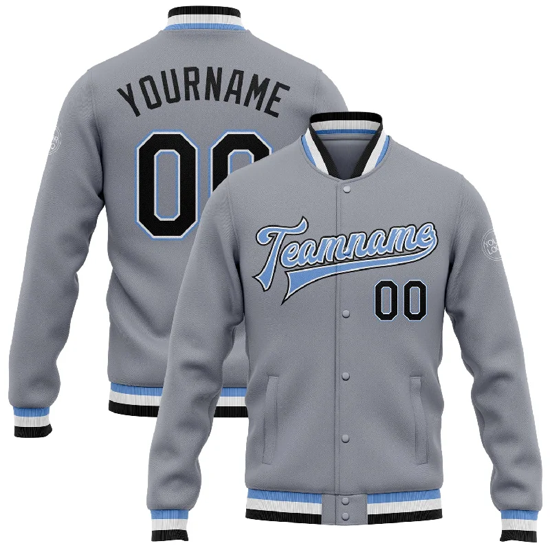 Casual Yet Sophisticated Unisex Fashion Fashion Forward Custom Gray Black-Light Blue Bomber Full-Snap Varsity Letterman Jacket