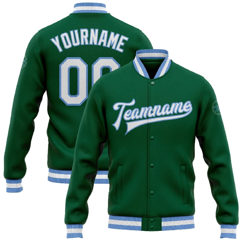 Comfortable And Stylish Unisex Outfits Discover Now Custom Kelly Green White-Light Blue Bomber Full-Snap Varsity Letterman Jacket