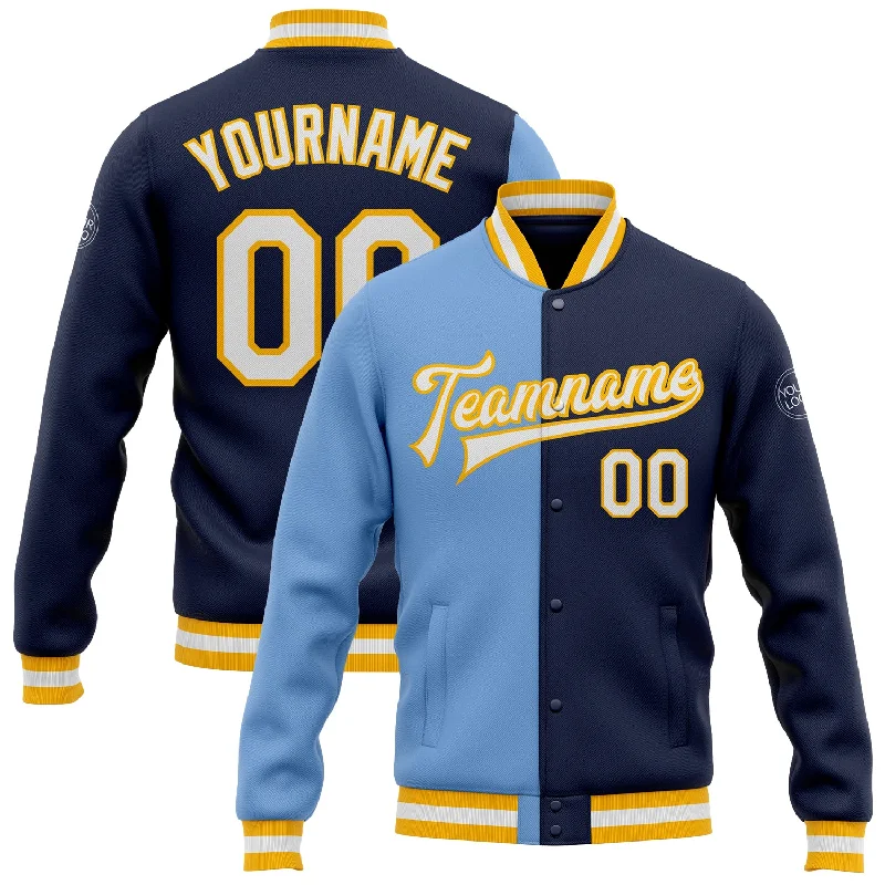 Sleek And Stylish Unisex Outerwear Vintage Style Deals Custom Navy White Light Blue-Gold Bomber Full-Snap Varsity Letterman Split Fashion Jacket