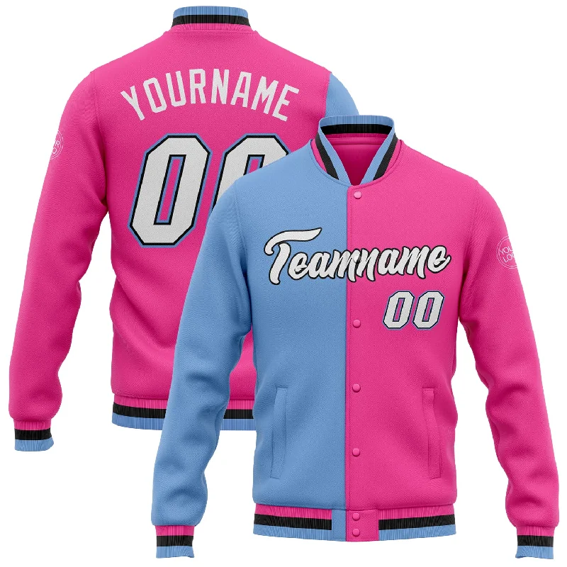 Oversized Unisex Fashion Pieces Chic Style Discounts Custom Pink White Light Blue-Black Bomber Full-Snap Varsity Letterman Split Fashion Jacket