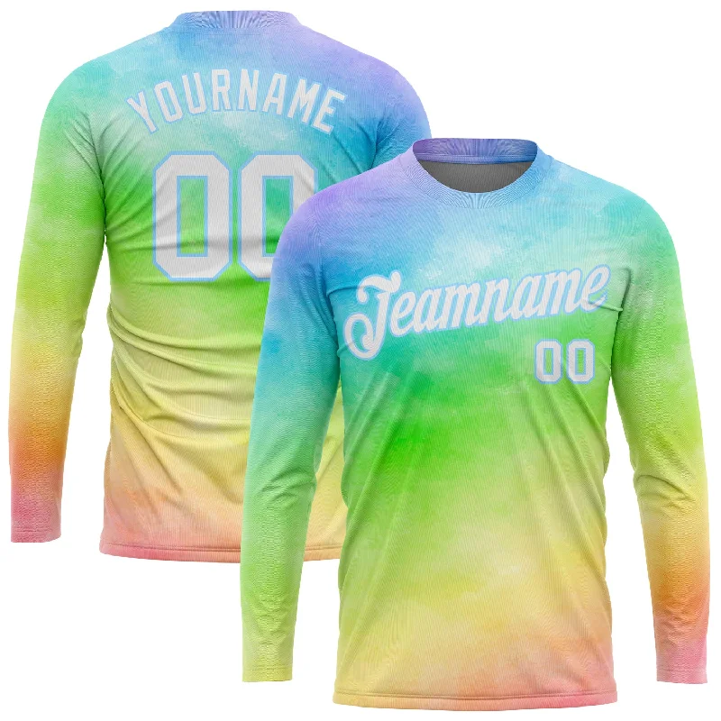 Urban-Inspired Unisex Fashion Pieces Casual Chic Deals Custom Tie Dye White-Light Blue Rainbow 3D Long Sleeve Performance T-Shirt