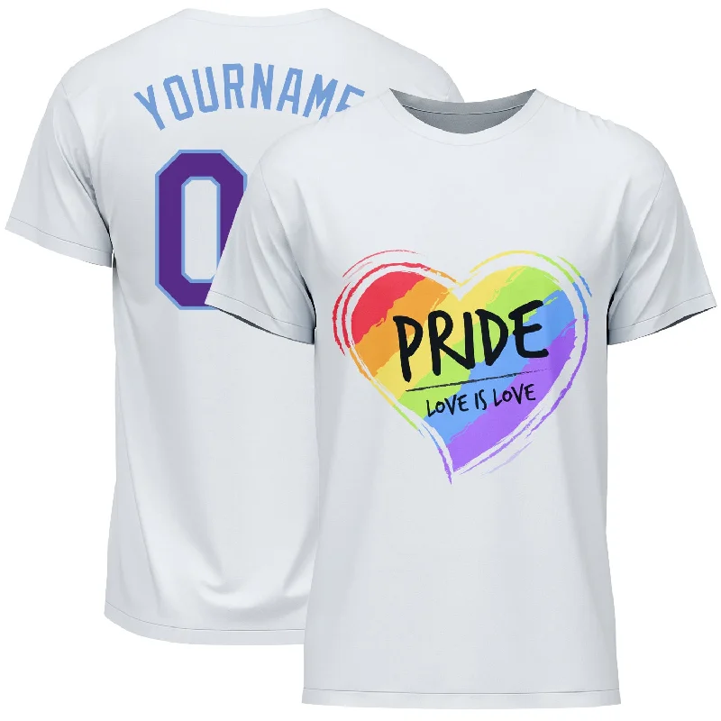 Sleek And Comfortable Unisex Wear End Of Season Sale Custom White Purple-Light Blue Rainbow Colored Heart For Pride Love Is Love LGBT Performance T-Shirt