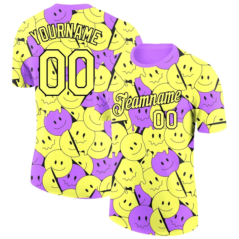 Stylish Unisex Outfit Ideas Fashion Forward Custom Light Yellow Medium Purple-Black 3D Pattern Design Smile Emoji Performance T-Shirt