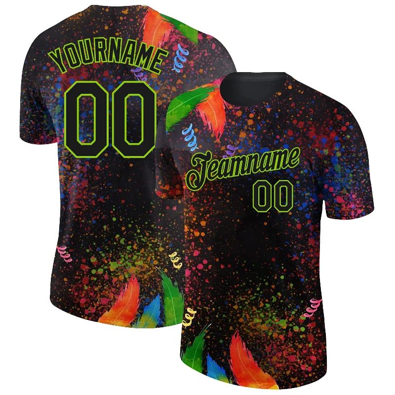 Fashion-Forward Gender-Neutral Outfit Ideas Discover Now Custom Black Neon Green 3D Pattern Design Holi Festival Color Powder Performance T-Shirt