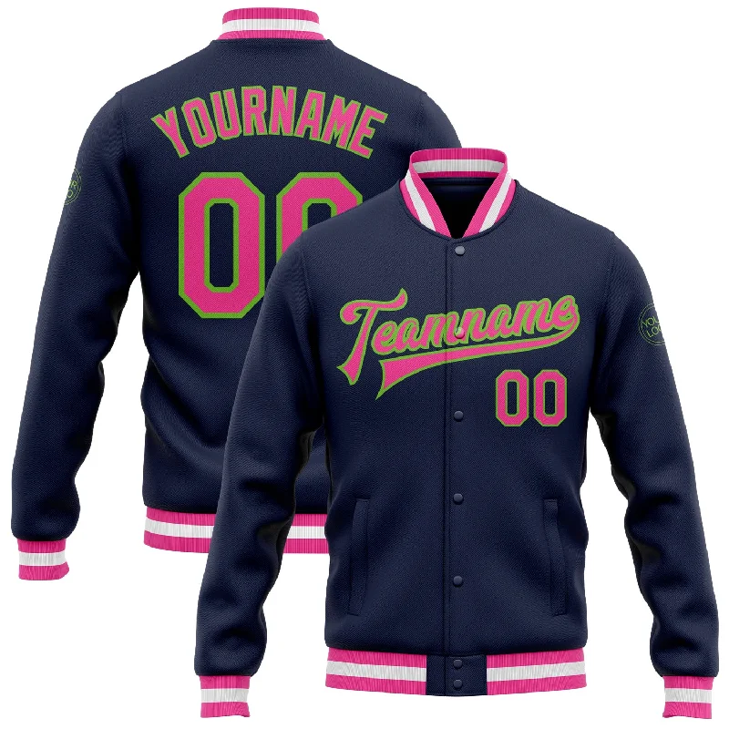 Oversized Unisex Fashion Pieces Shop The Hottest Deals Custom Navy Pink-Neon Green Bomber Full-Snap Varsity Letterman Jacket