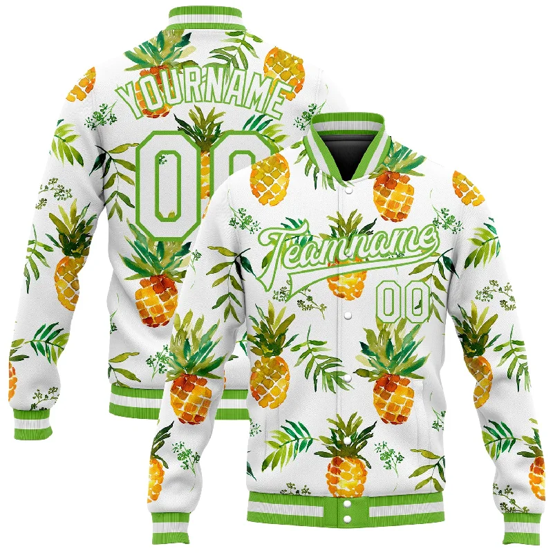 Minimalist Unisex Fashion Must-Haves Low Price Special Custom White White-Neon Green Pineapples 3D Pattern Design Bomber Full-Snap Varsity Letterman Jacket