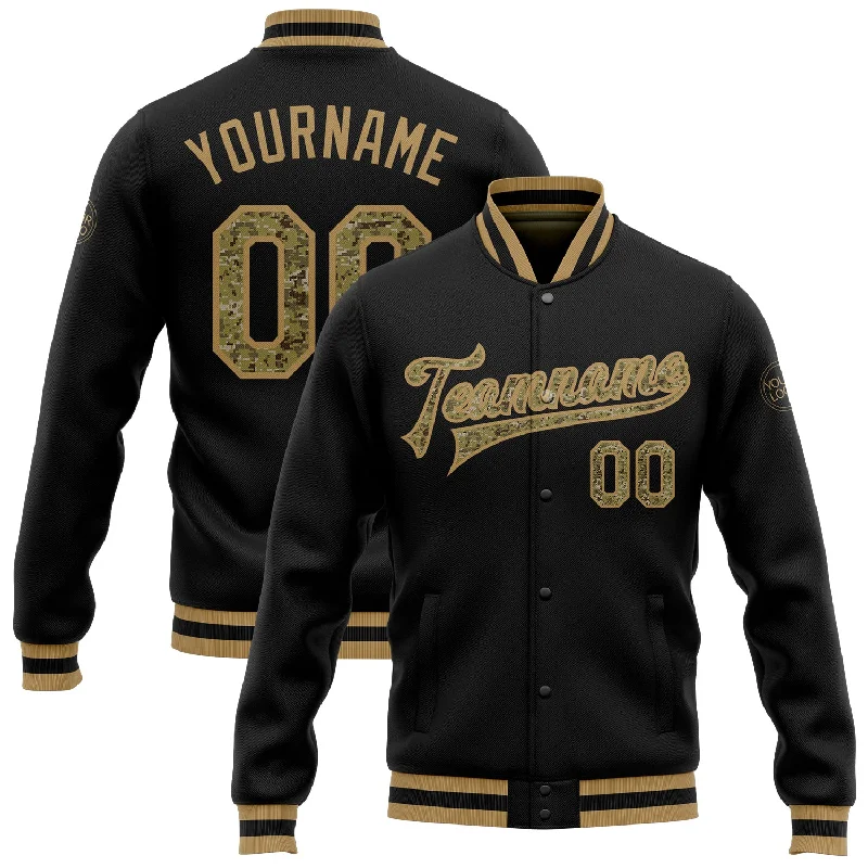 Modern Unisex Wardrobe Staples Best Deals Of The Season Custom Black Camo-Old Gold Bomber Full-Snap Varsity Letterman Jacket