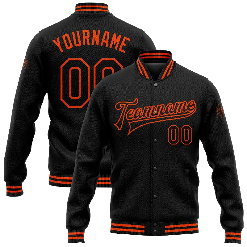 Effortless And Modern Unisex Dressing Chic & Cozy Collection Custom Black Orange Bomber Full-Snap Varsity Letterman Jacket