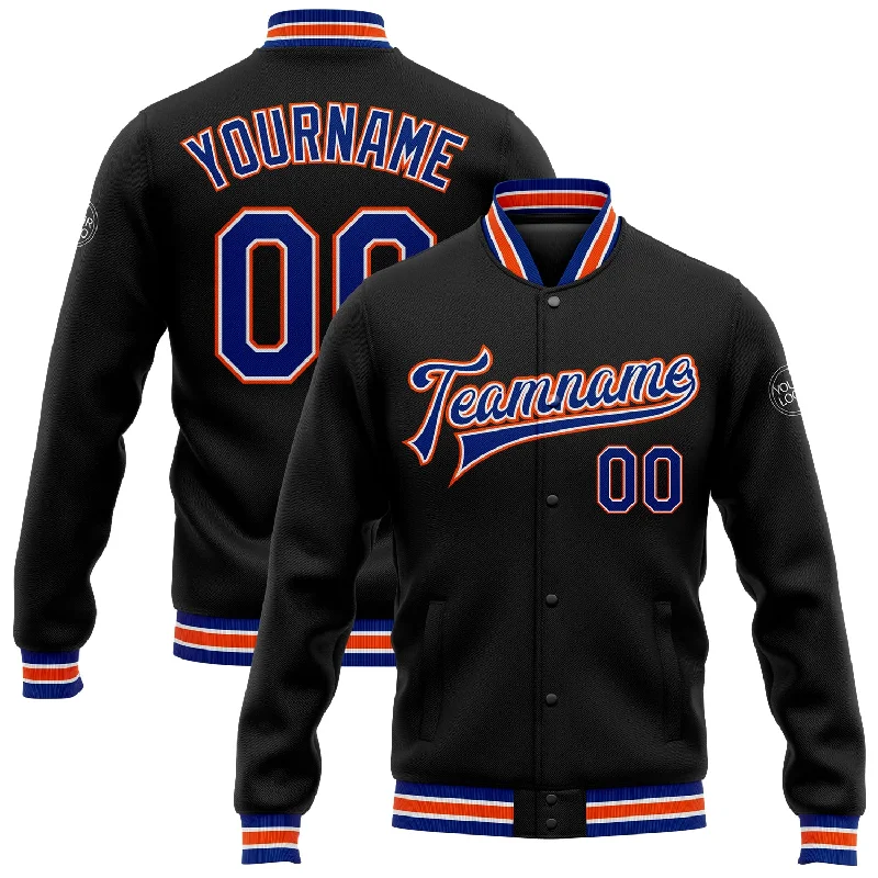 Fashion-Forward Gender-Neutral Outfit Ideas Chic And Trendy Custom Black Royal-Orange Bomber Full-Snap Varsity Letterman Jacket