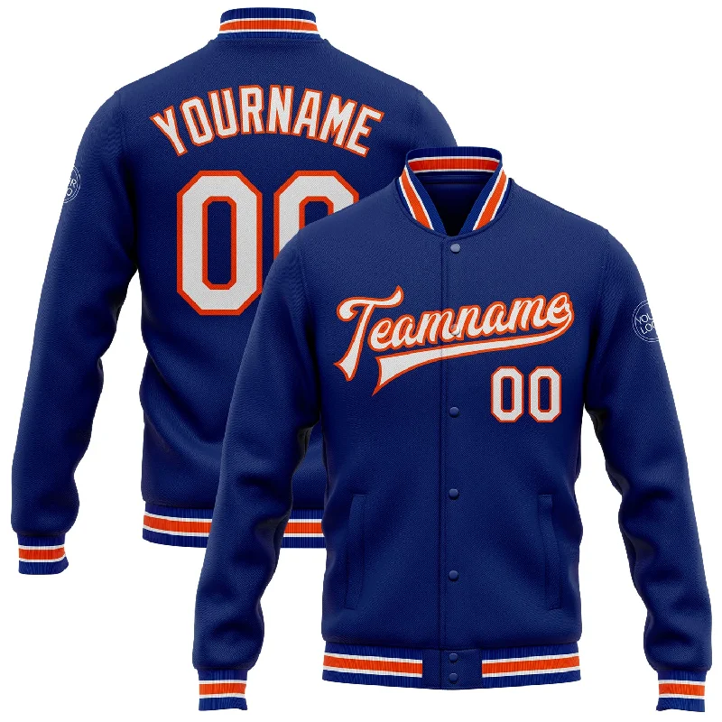 Contemporary Gender-Free Clothing Styles Everyday Elegance Sale Custom Royal White-Orange Bomber Full-Snap Varsity Letterman Jacket