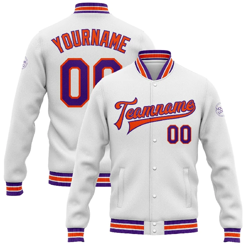 Modern Unisex Wardrobe Staples Shop Sale Items Custom White Purple-Orange Bomber Full-Snap Varsity Letterman Jacket