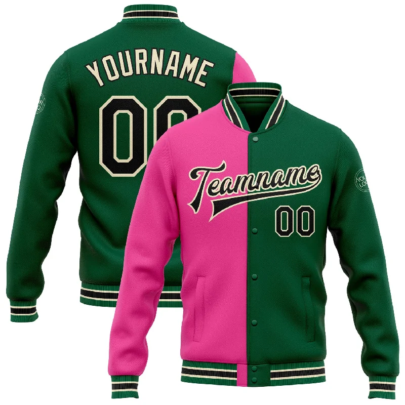 Comfortable Unisex Streetwear Sophisticated Fashion Custom Kelly Green Black Pink-Cream Bomber Full-Snap Varsity Letterman Split Fashion Jacket