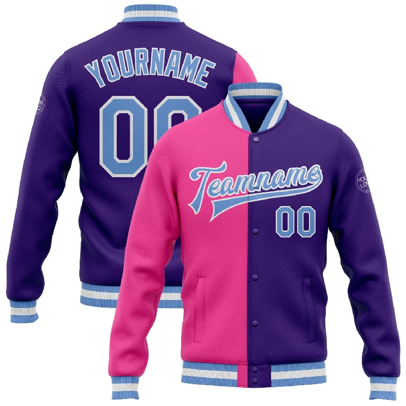 Chic And Contemporary Unisex Clothing Choices Chic Styles Custom Purple Light Blue-Pink Bomber Full-Snap Varsity Letterman Split Fashion Jacket