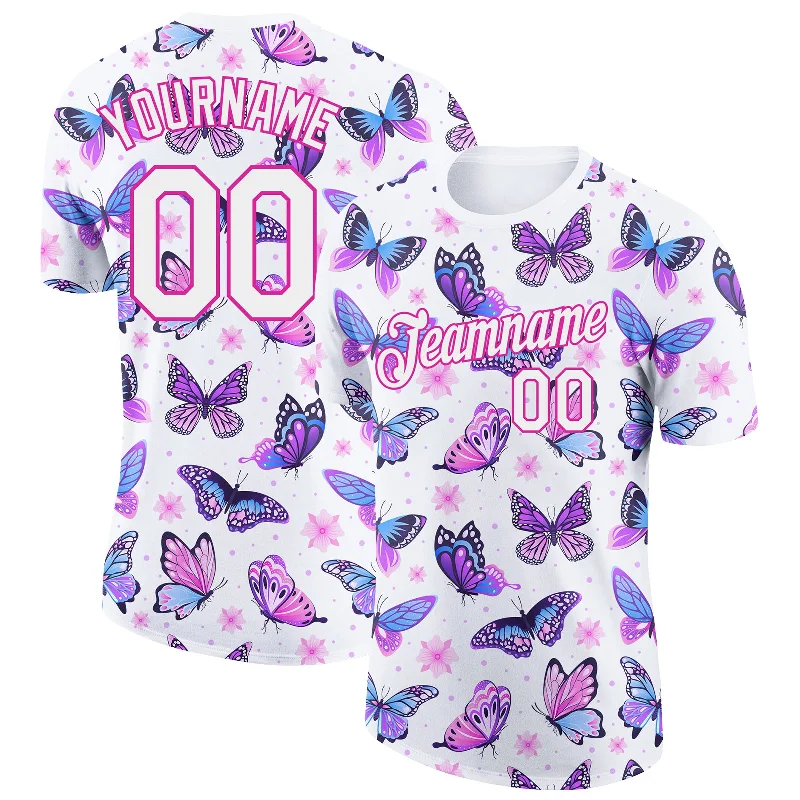 Soft And Breathable Unisex Loungewear Stay Ahead In Style Custom White Pink 3D Pattern Design Butterfly Performance T-Shirt