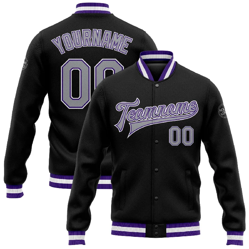 Trendy Unisex Don't Miss Out Custom Black Gray-Purple Bomber Full-Snap Varsity Letterman Jacket