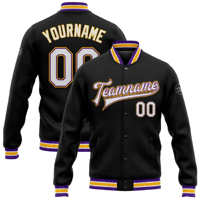 Comfortable And Stylish Unisex Outfits Special Offer For You Custom Black White Purple-Gold Bomber Full-Snap Varsity Letterman Jacket