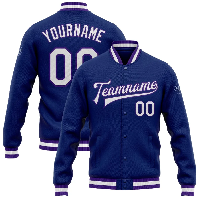 Minimalist Unisex Fashion Essentials Unbeatable Prices Custom Royal White-Purple Bomber Full-Snap Varsity Letterman Jacket