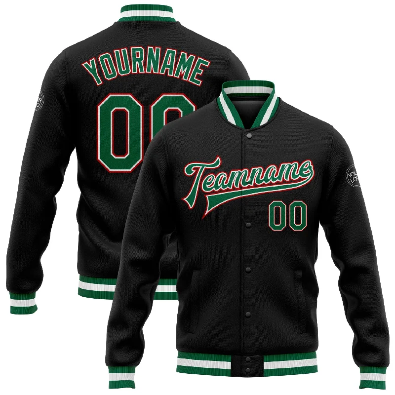 Classic Unisex Fashion Looks Daily Deals Custom Black Kelly Green-Red Bomber Full-Snap Varsity Letterman Jacket