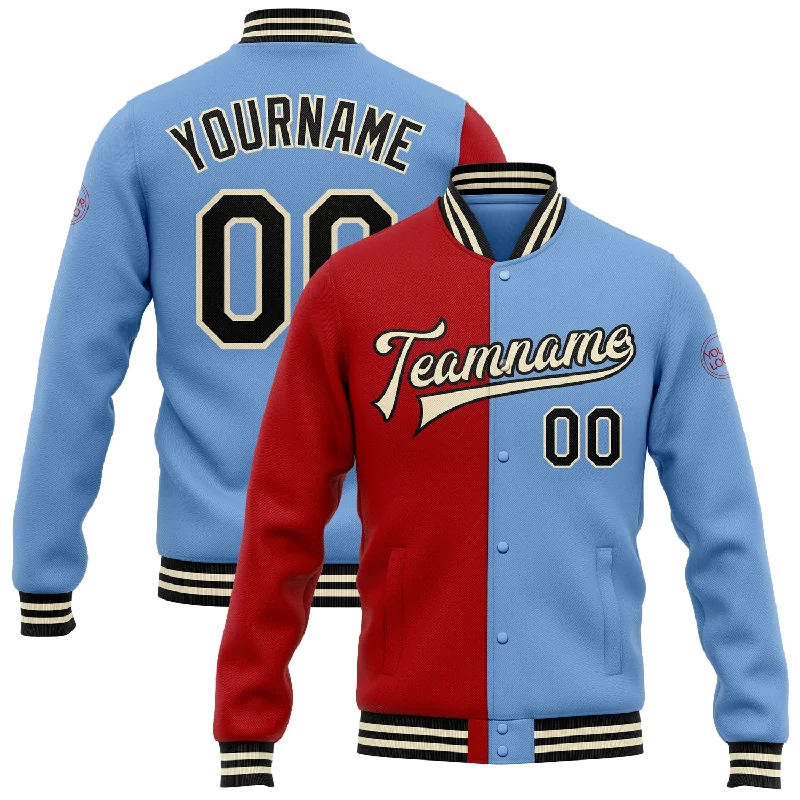 Trendy Unisex Streetwear Fashion Vintage-Inspired Style Offers Custom Light Blue Black Red-Cream Bomber Full-Snap Varsity Letterman Split Fashion Jacket