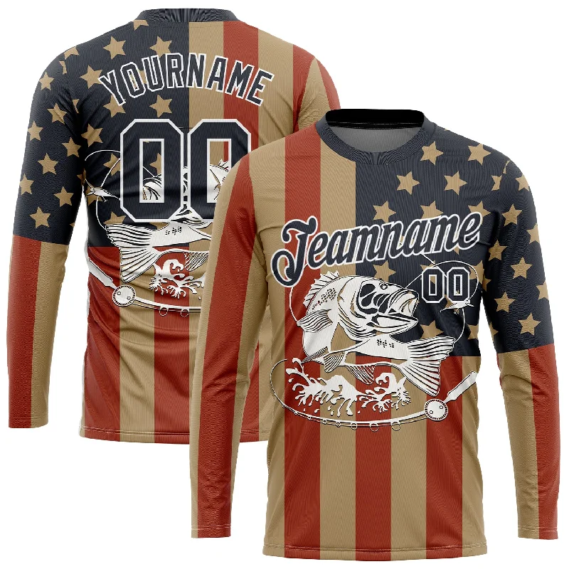 Bold And Trendy Gender-Neutral Outfits Premium Style Offers Custom Old Gold Navy-Red 3D American Flag And Fish Fishing Long Sleeve Performance T-Shirt